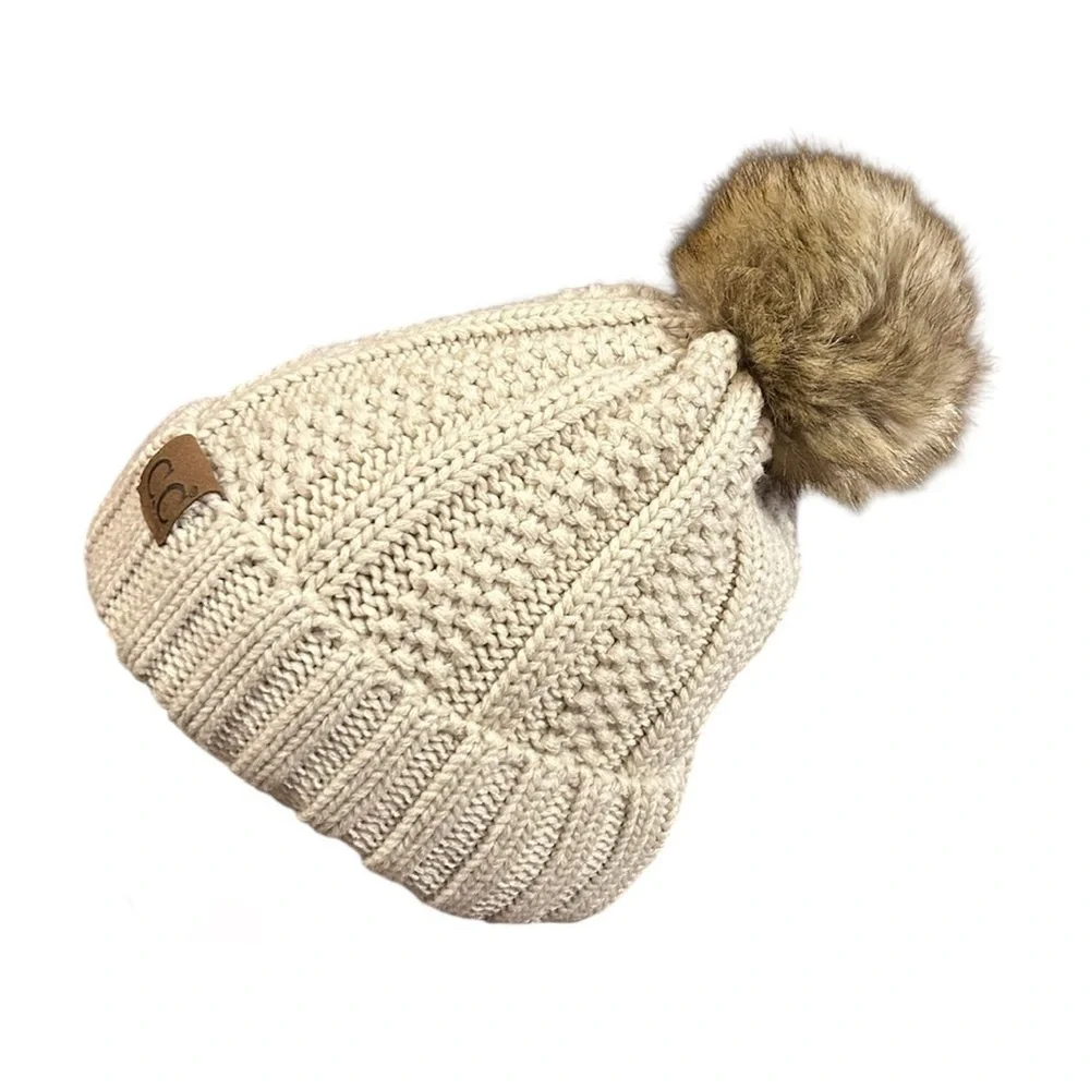 CC Sherpa Lined Knit Beanie with Faux Fur Pom